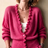 Women's V-neck cardigan with ruffled hem - Soft and feminine