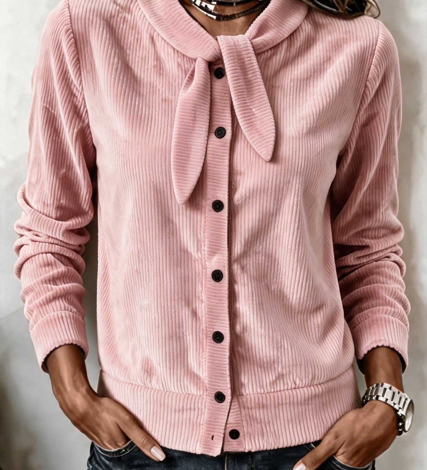 Women's button-front sweater with velvet bow - Soft and refined