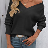 Women's loose-fit V-neck knit sweater – A casual and comfortable style for everyday wear