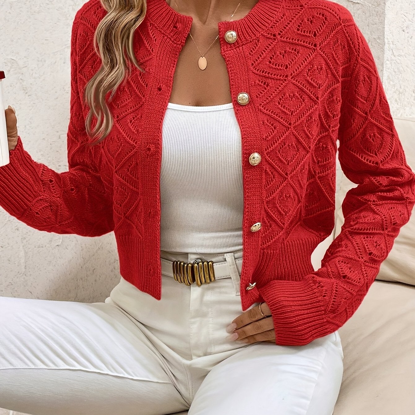Women's Buttoned Openwork Cardigan - Elegant and Lightweight