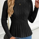 Elegant Ribbed Sweater with Peplum for Women – Thick Knit Round Neck