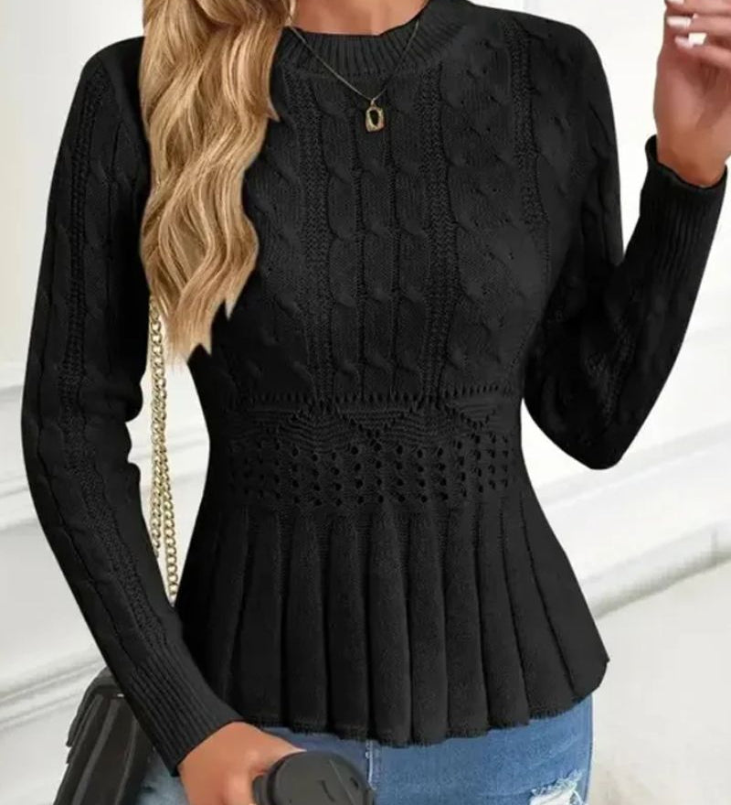Elegant Ribbed Sweater with Peplum for Women – Thick Knit Round Neck