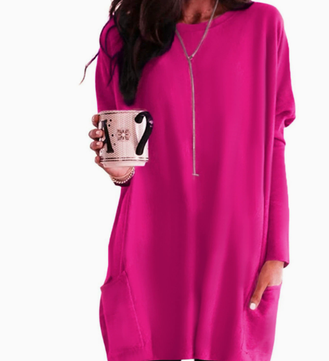Women's Casual Cut Sweater Dress – Long Sleeves, Slightly Loose Round Neck