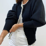 Knitted Cardigan for Women Adorned with Beads – Elegant Long-Sleeved Cotton Blend Knitwear