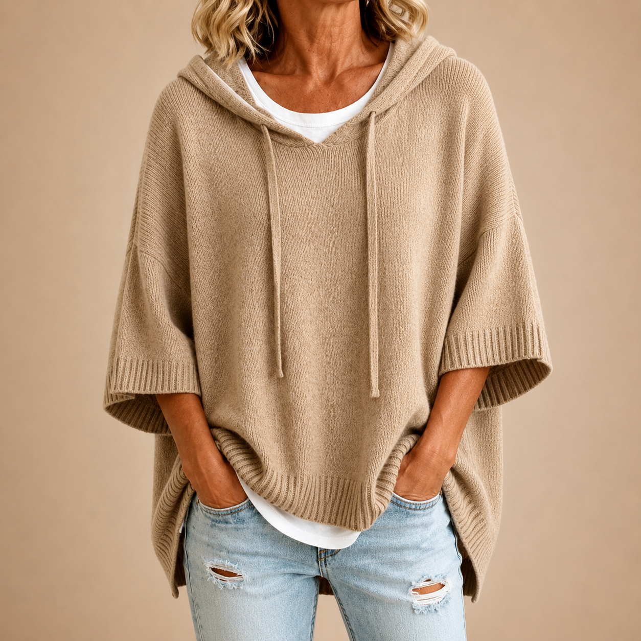 Women's hooded knit poncho - Soft and practical