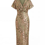 Midi dress with shaping effect, central knot, and fluid drape