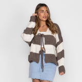 Striped V-Neck Tie Cardigan