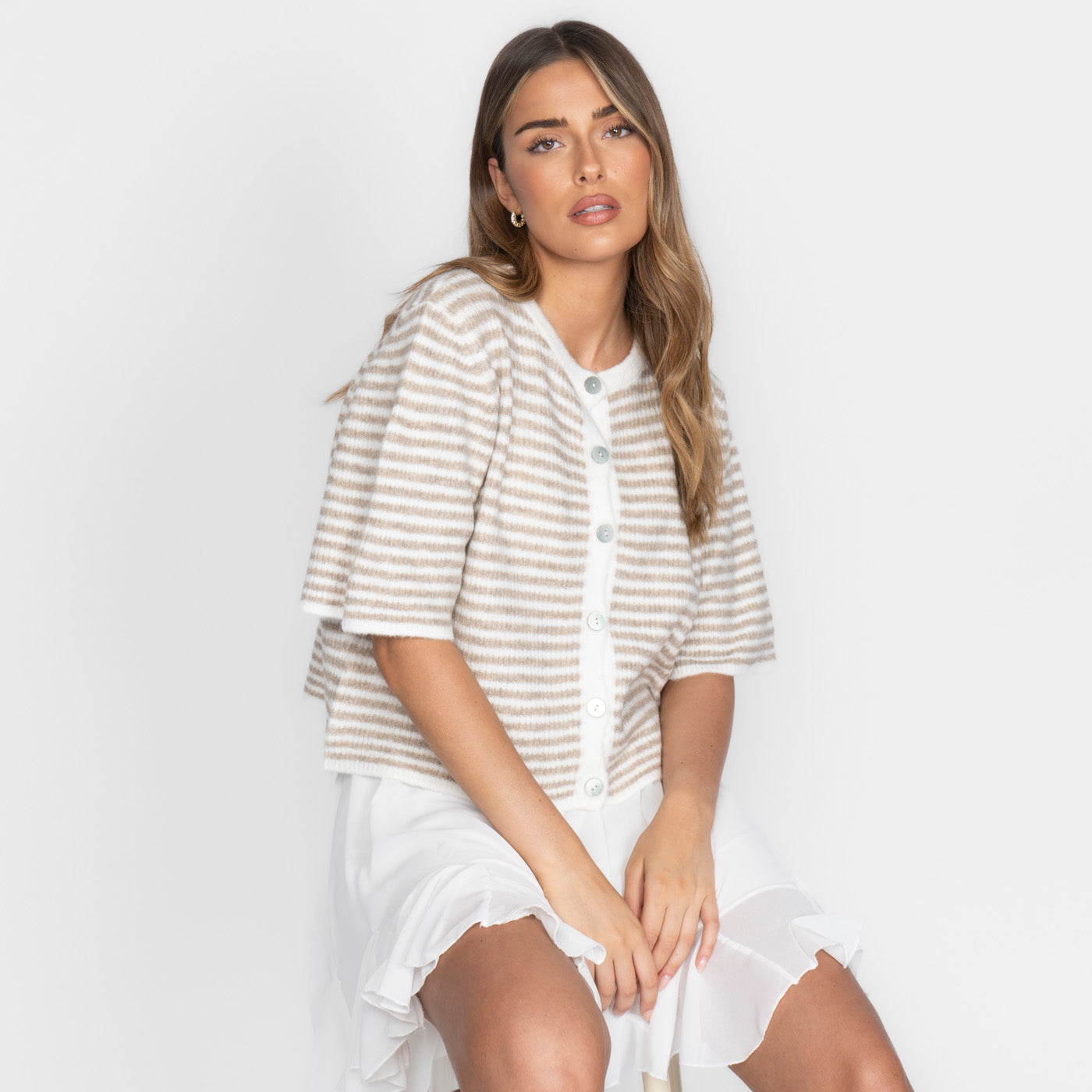 Short Sleeve Striped Knit Cardigan