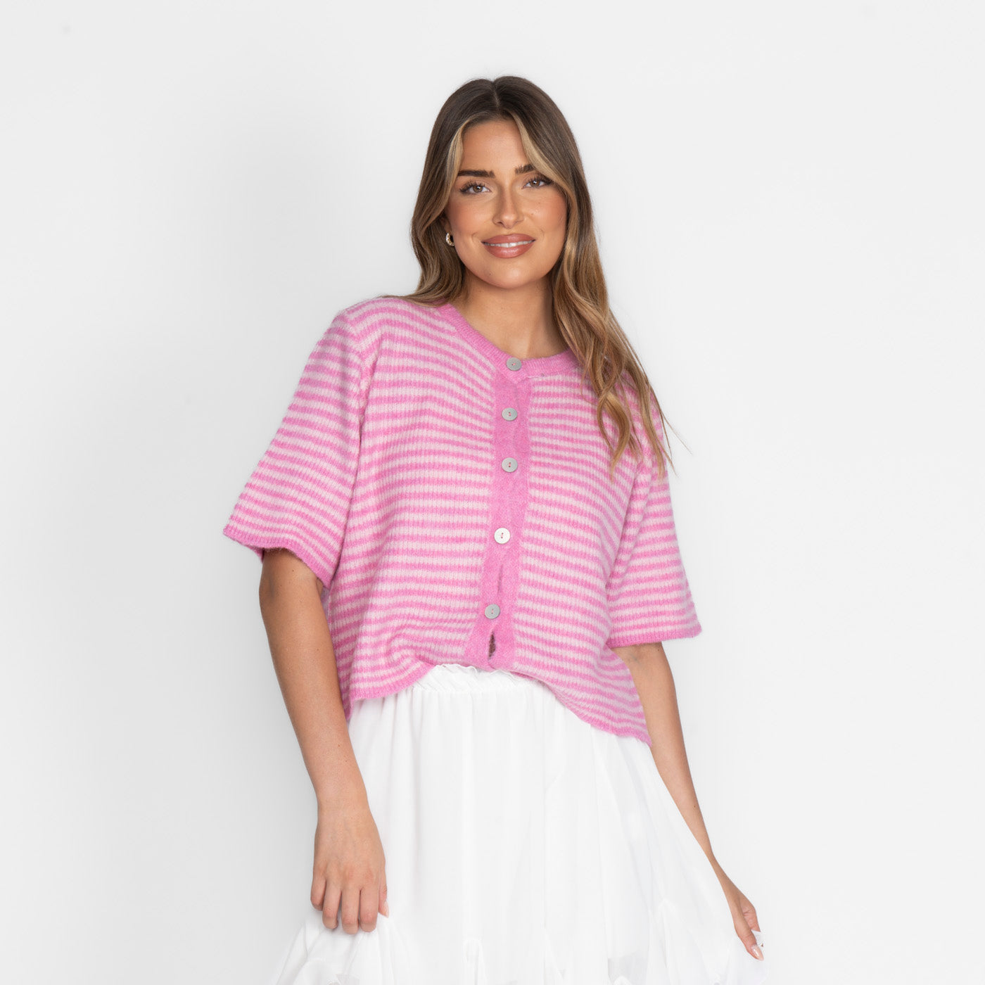Short Sleeve Striped Knit Cardigan