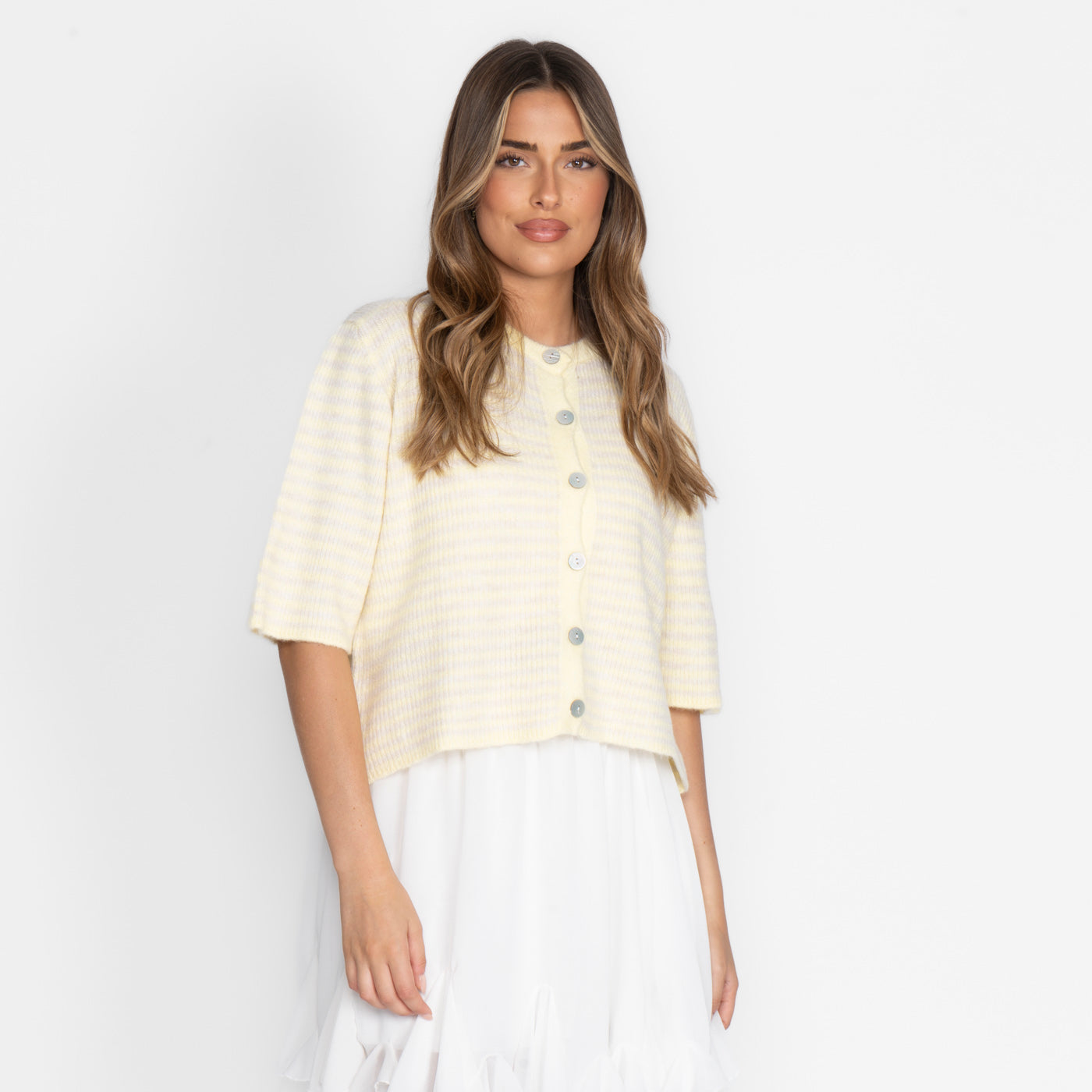 Short Sleeve Striped Knit Cardigan