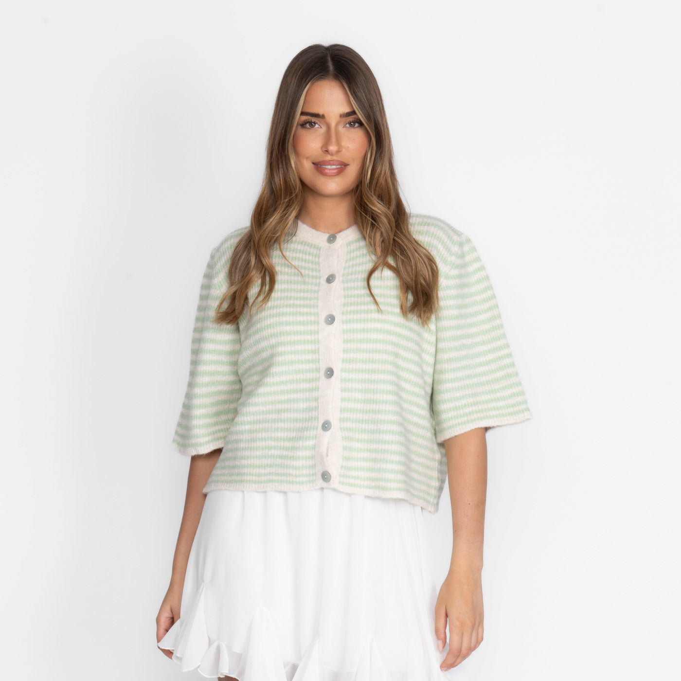 Short Sleeve Striped Knit Cardigan