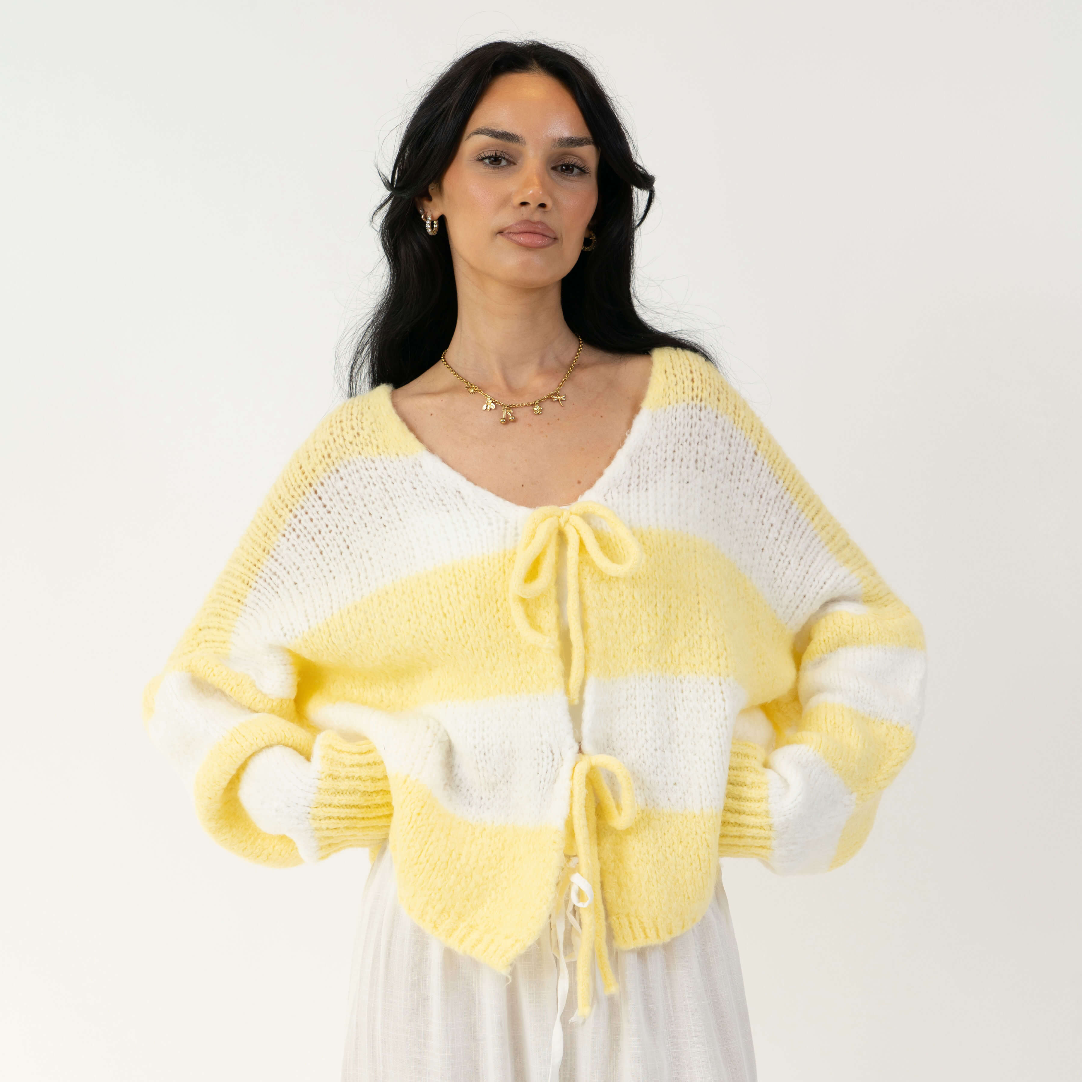 Striped V-Neck Tie Cardigan