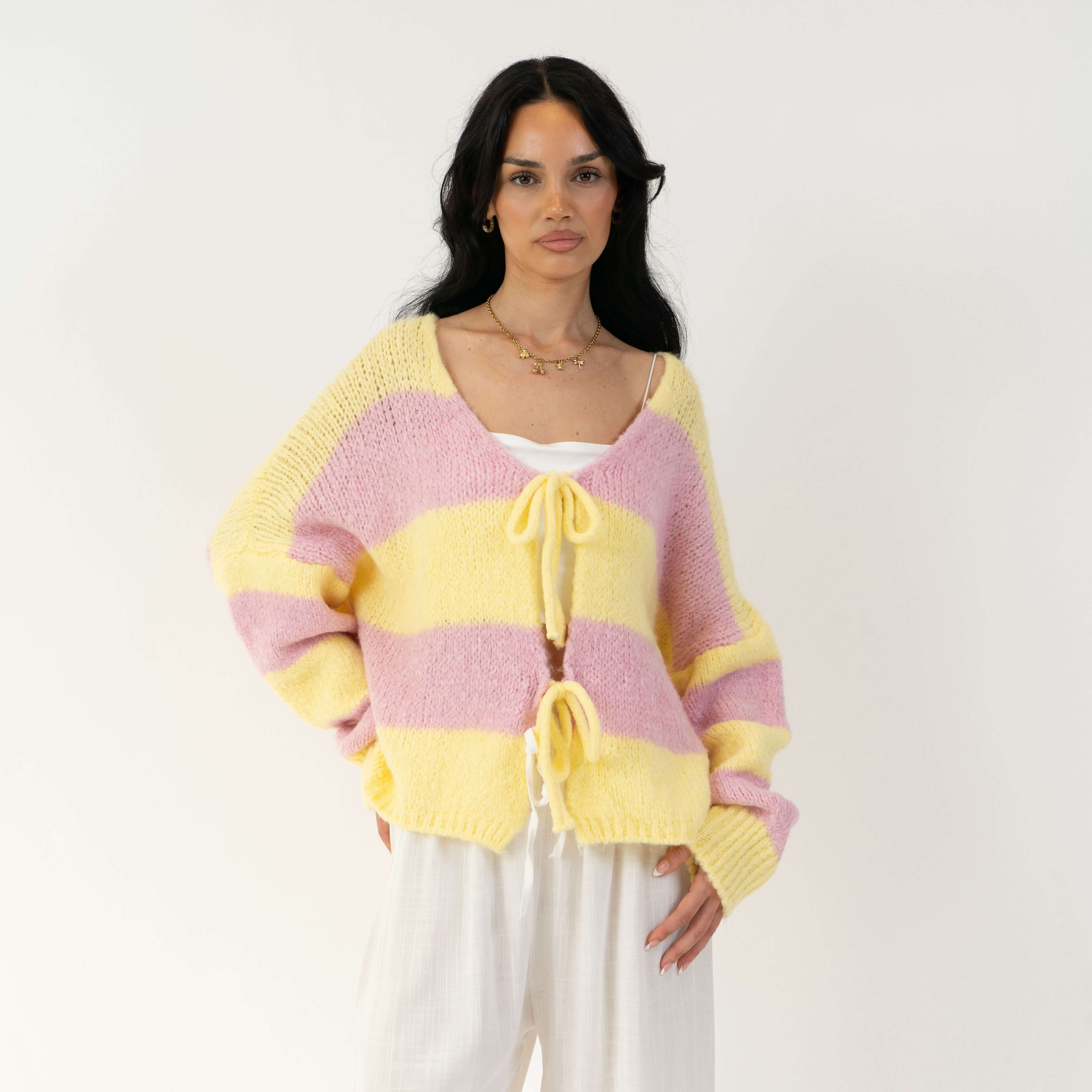 Striped V-Neck Tie Cardigan