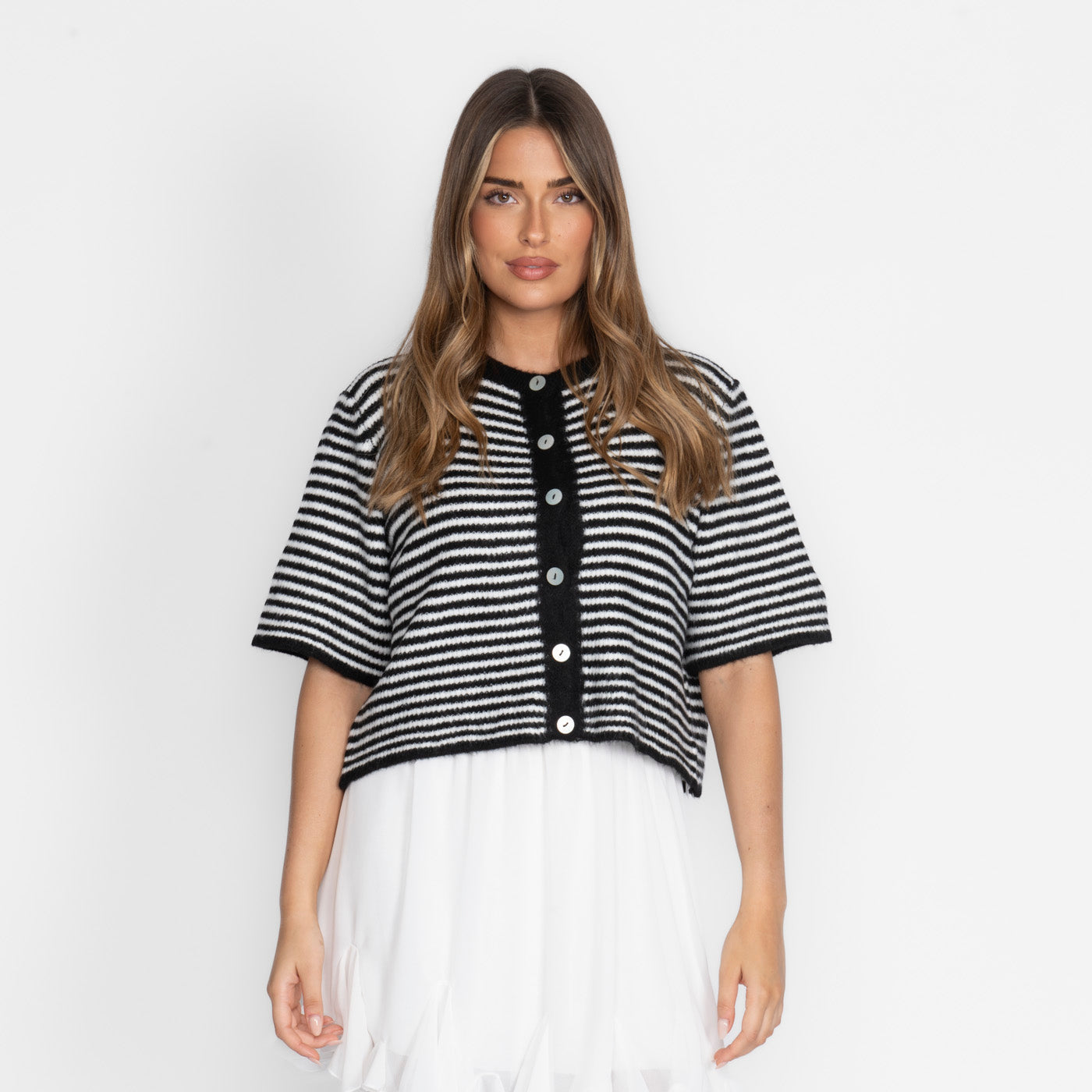 Short Sleeve Striped Knit Cardigan
