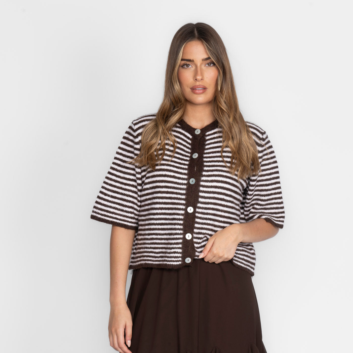 Short Sleeve Striped Knit Cardigan