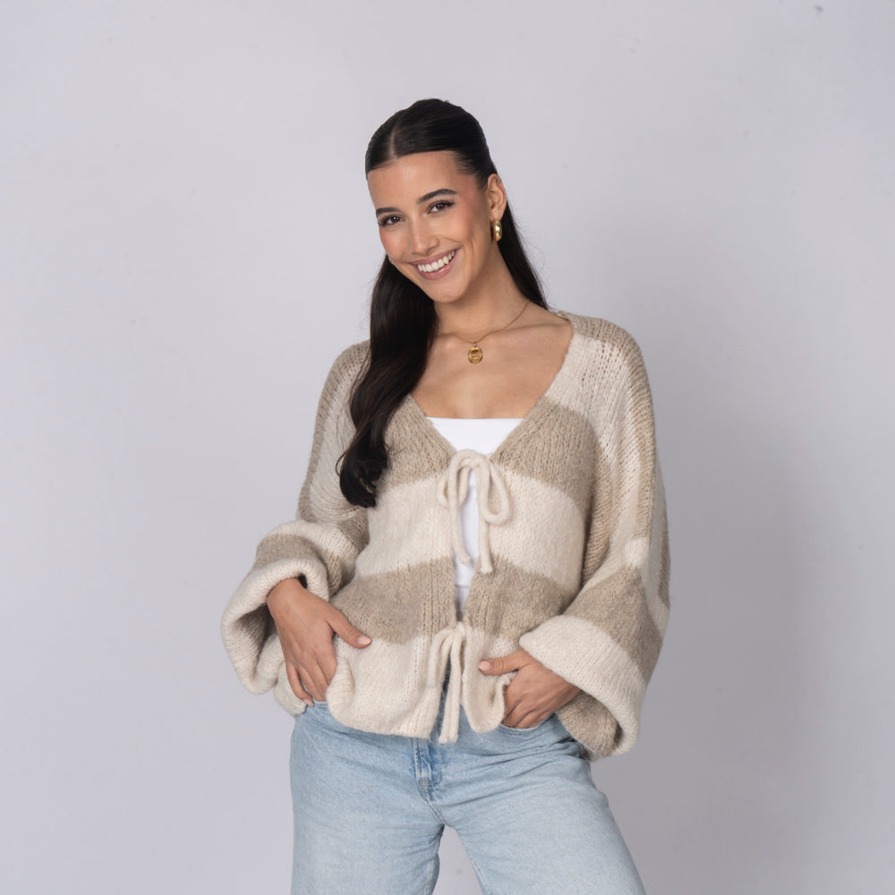 Striped V-Neck Tie Cardigan