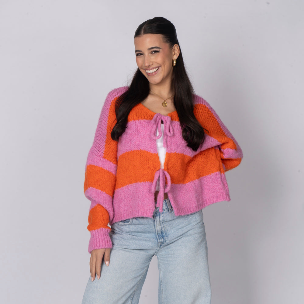 Striped V-Neck Tie Cardigan