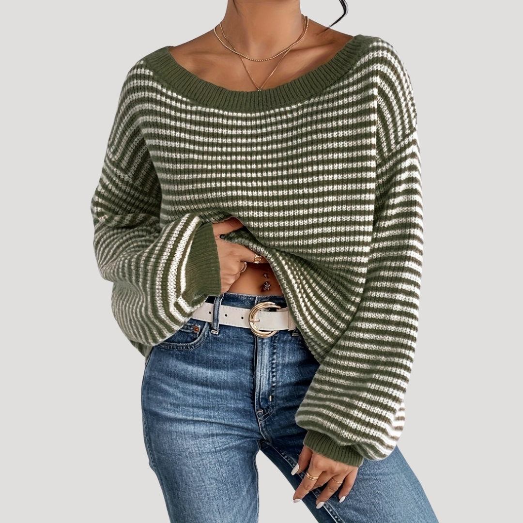 Elegant Women's Striped Sweater with Boat Neck – Loose Knit