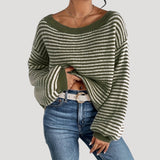 Elegant Women's Striped Sweater with Boat Neck – Loose Knit