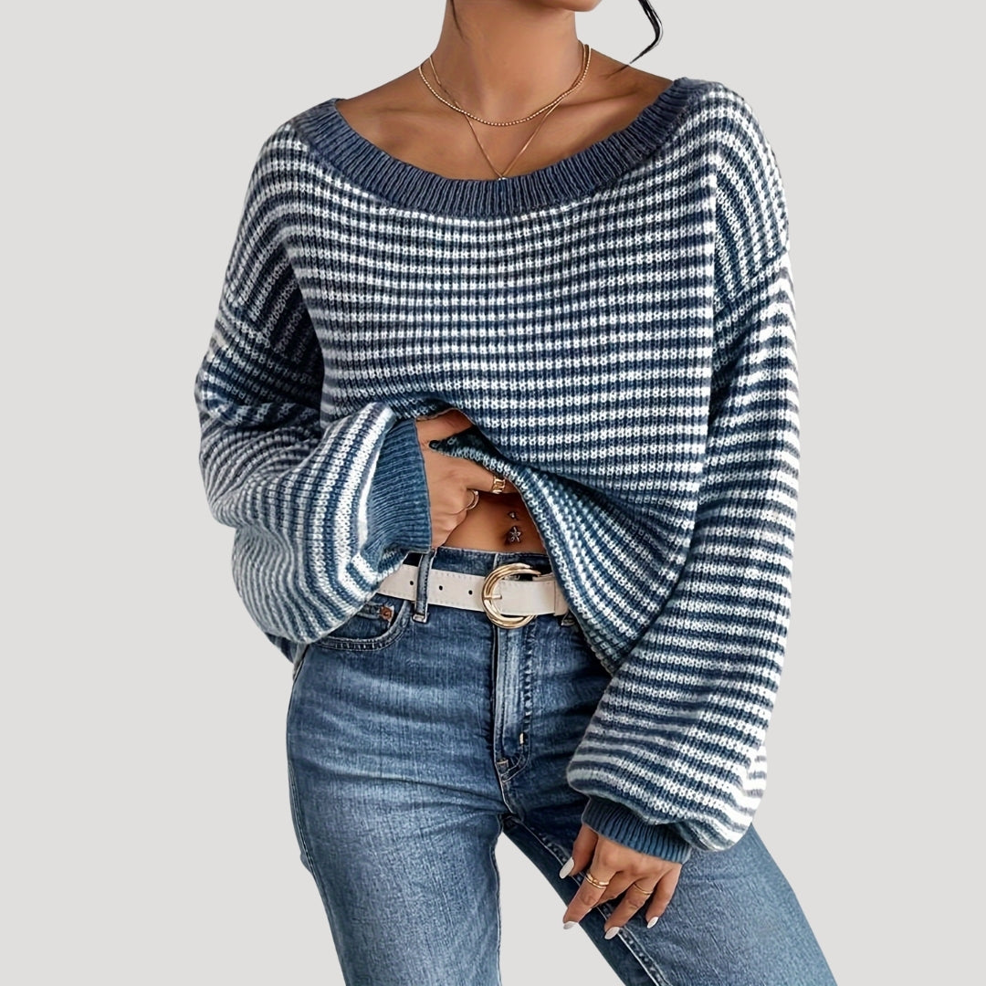 Elegant Women's Striped Sweater with Boat Neck – Loose Knit