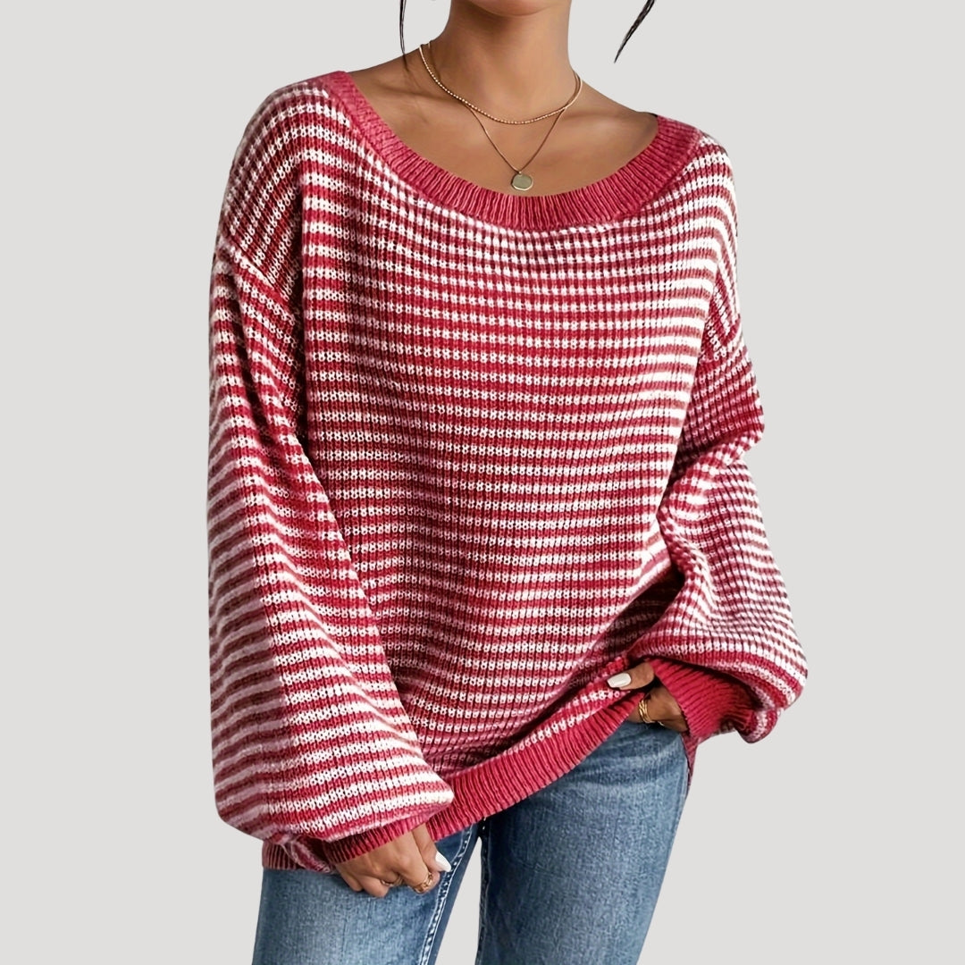 Elegant Women's Striped Sweater with Boat Neck – Loose Knit