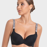 Deep V Push-Up Underwire Bra with Rhinestone Strap