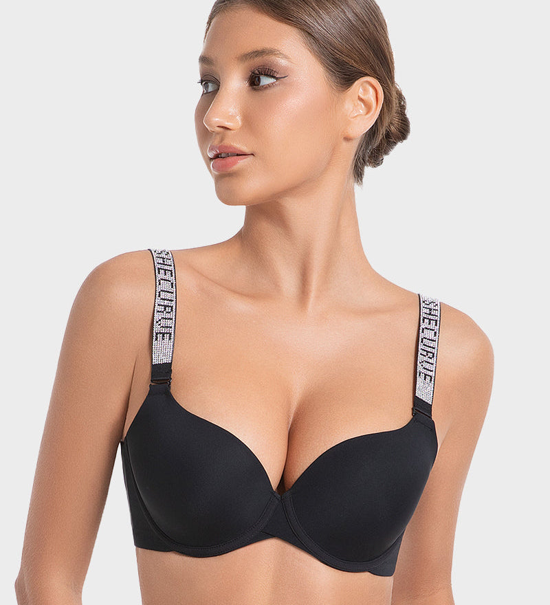 Deep V Push-Up Underwire Bra with Rhinestone Strap