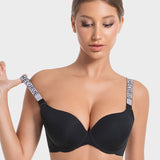 Deep V Push-Up Underwire Bra with Rhinestone Strap