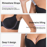 Deep V Push-Up Underwire Bra with Rhinestone Strap