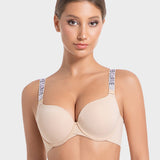 Deep V Push-Up Underwire Bra with Rhinestone Strap