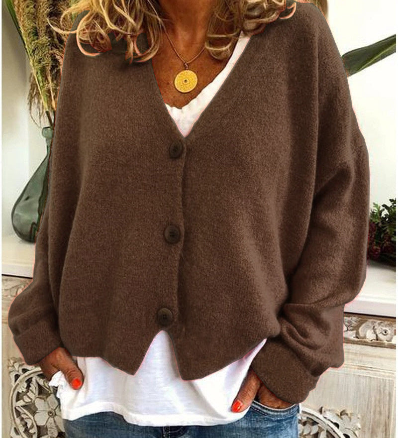Women's Knitted Buttoned Cardigan with Soft Elegant V-Neck