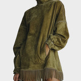 Suede Dress with Roll Neck and Fringes