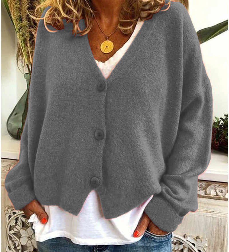 Women's Knitted Buttoned Cardigan with Soft Elegant V-Neck