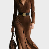 Western-style midi dress in suede with collar and slit
