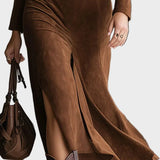 Western-style midi dress in suede with collar and slit
