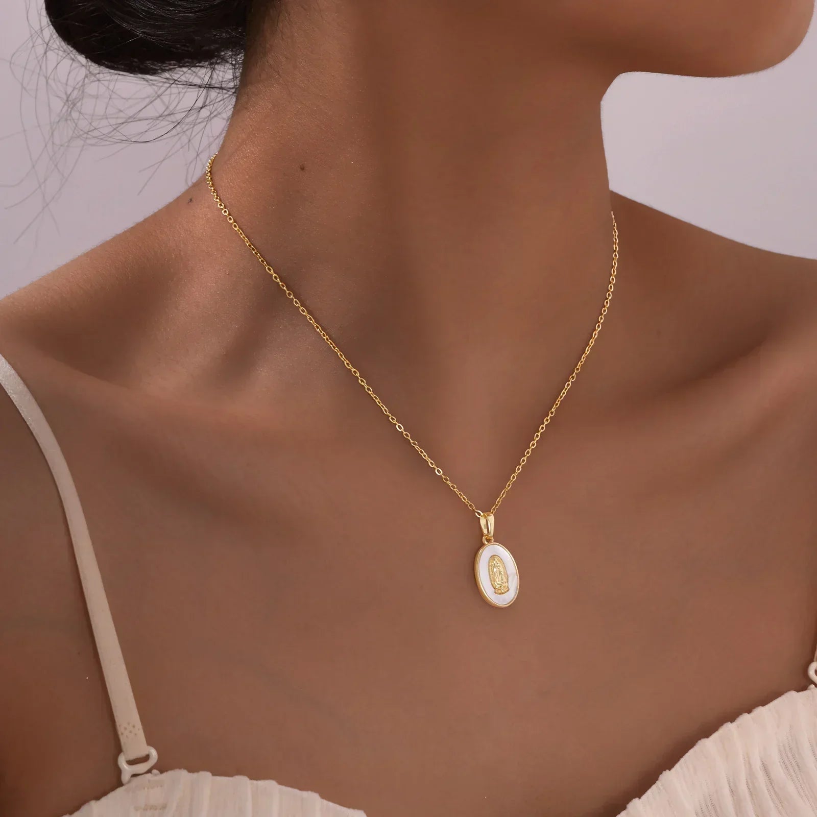 Gold Oval Virgin Pendant Necklace
