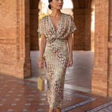Midi dress with shaping effect, central knot, and fluid drape