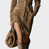 Midi suede dress with long sleeves and tie collar
