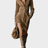 Midi suede dress with long sleeves and tie collar