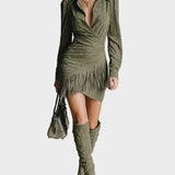 Green Mini Viscose Dress with Wrapover Neckline