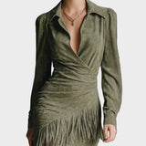 Green Mini Viscose Dress with Wrapover Neckline