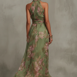 Serena | Light Green Dress with Floral Pattern and Neck Tie