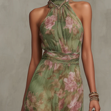 Serena | Light Green Dress with Floral Pattern and Neck Tie