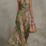 Serena | Light Green Dress with Floral Pattern and Neck Tie