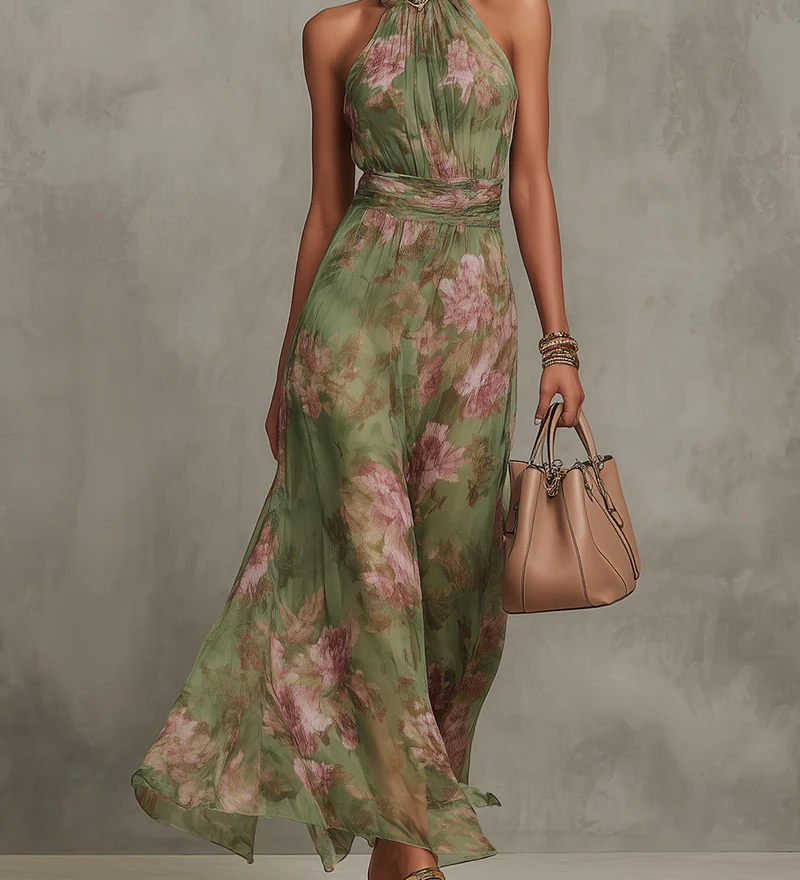 Serena | Light Green Dress with Floral Pattern and Neck Tie