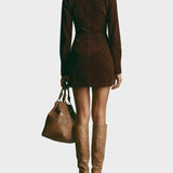 Brown suede mini dress with high collar and zip fastening
