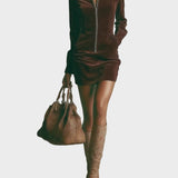 Brown suede mini dress with high collar and zip fastening