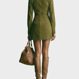 Brown suede mini dress with high collar and zip fastening