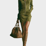 Brown suede mini dress with high collar and zip fastening
