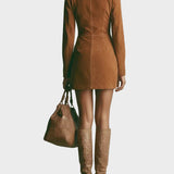 Brown suede mini dress with high collar and zip fastening